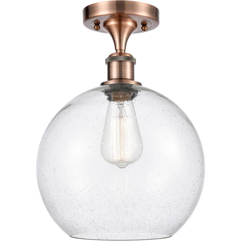 Ballston Large Athens LED 10 inch Antique Copper Semi-Flush Mount Ceiling Light in Seedy Glass, Ballston