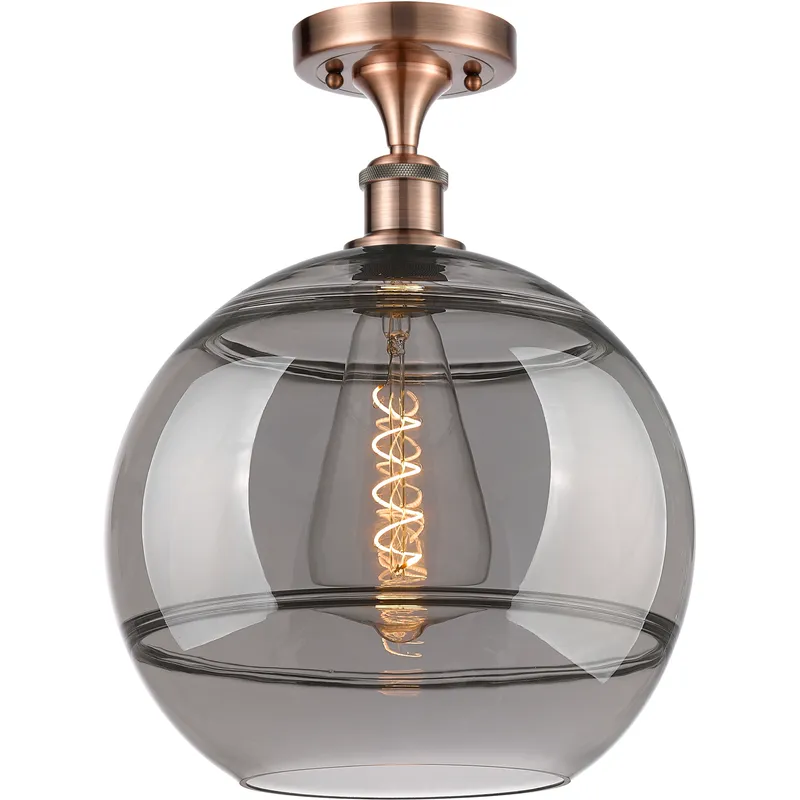 Edison Rochester 1 Light 12 inch Antique Copper Semi-Flush Mount Ceiling Light in Light Smoke Glass