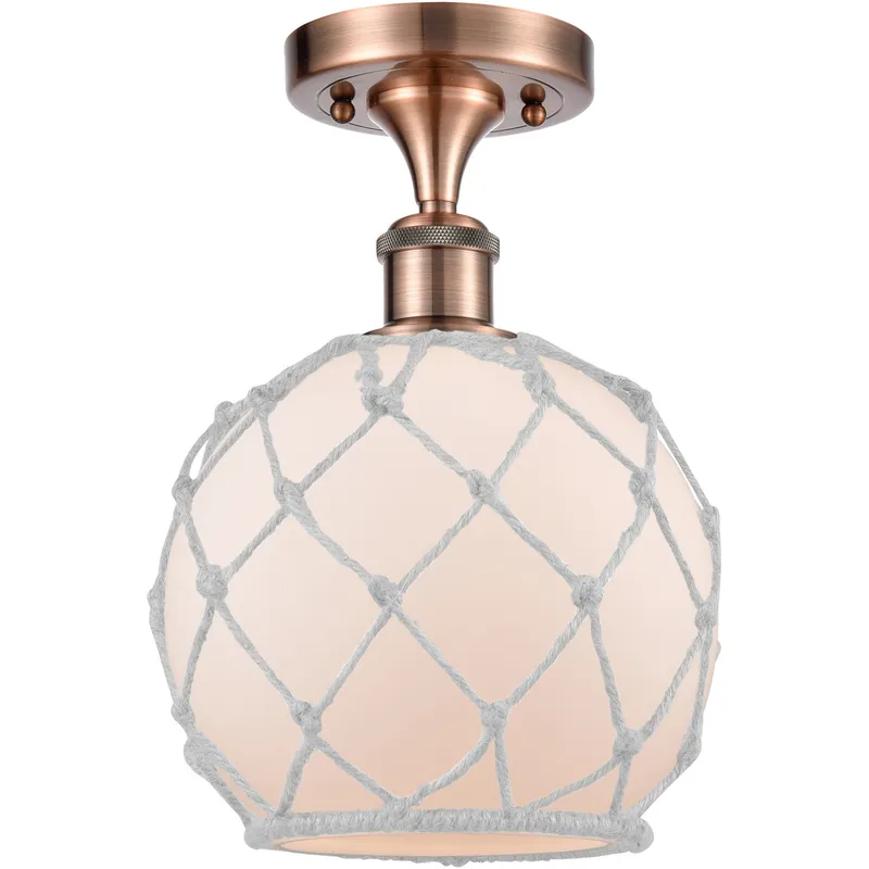 Ballston Farmhouse Rope LED 8 inch Antique Copper Semi-Flush Mount Ceiling Light in White Glass with White Rope, Ballston