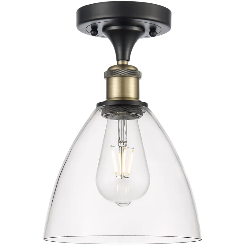 Ballston Dome LED 7.5 inch Black Antique Brass Semi-Flush Mount Ceiling Light in Clear Glass