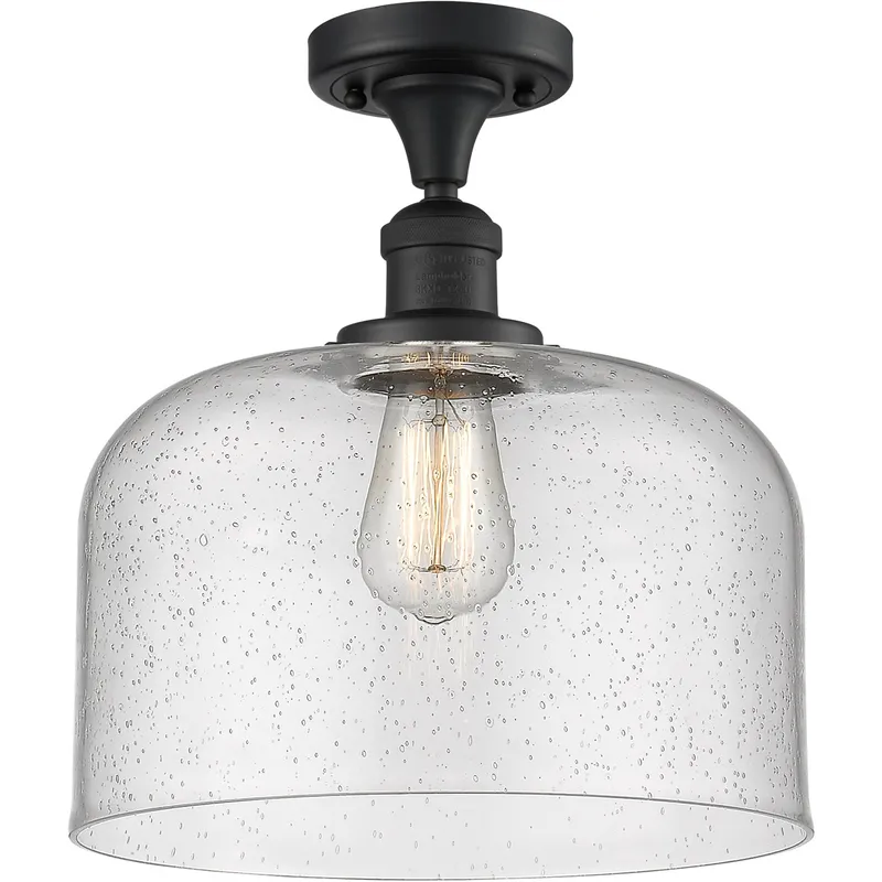 Franklin Restoration X-Large Bell LED 12 inch Matte Black Semi-Flush Mount Ceiling Light in Seedy Glass, Franklin Restoration