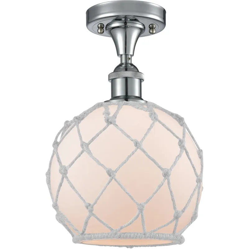 Ballston Farmhouse Rope LED 8 inch Polished Chrome Semi-Flush Mount Ceiling Light in White Glass with White Rope, Ballston