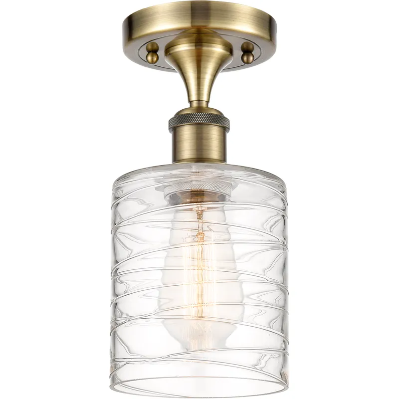 Cobbleskill 1 Light 5 inch Antique Brass Semi-Flush Mount Ceiling Light in Deco Swirl Glass
