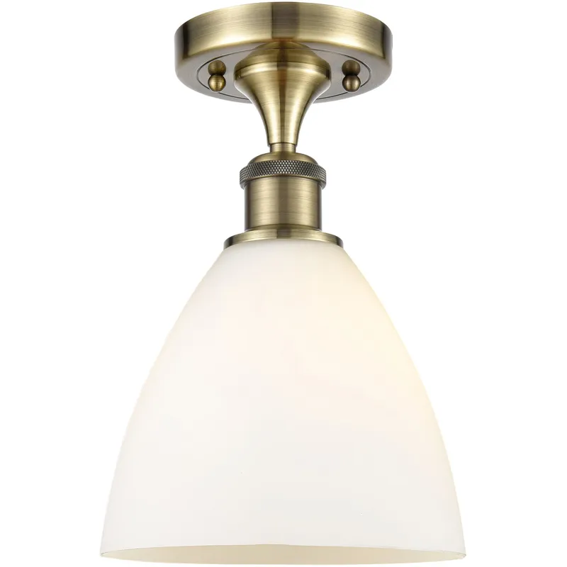 Ballston Dome LED 7.5 inch Antique Brass Semi-Flush Mount Ceiling Light in Matte White Glass
