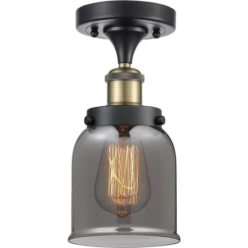 Bell 1 Light 5 inch Black Antique Brass Semi-Flush Mount Ceiling Light in Light Smoke Glass