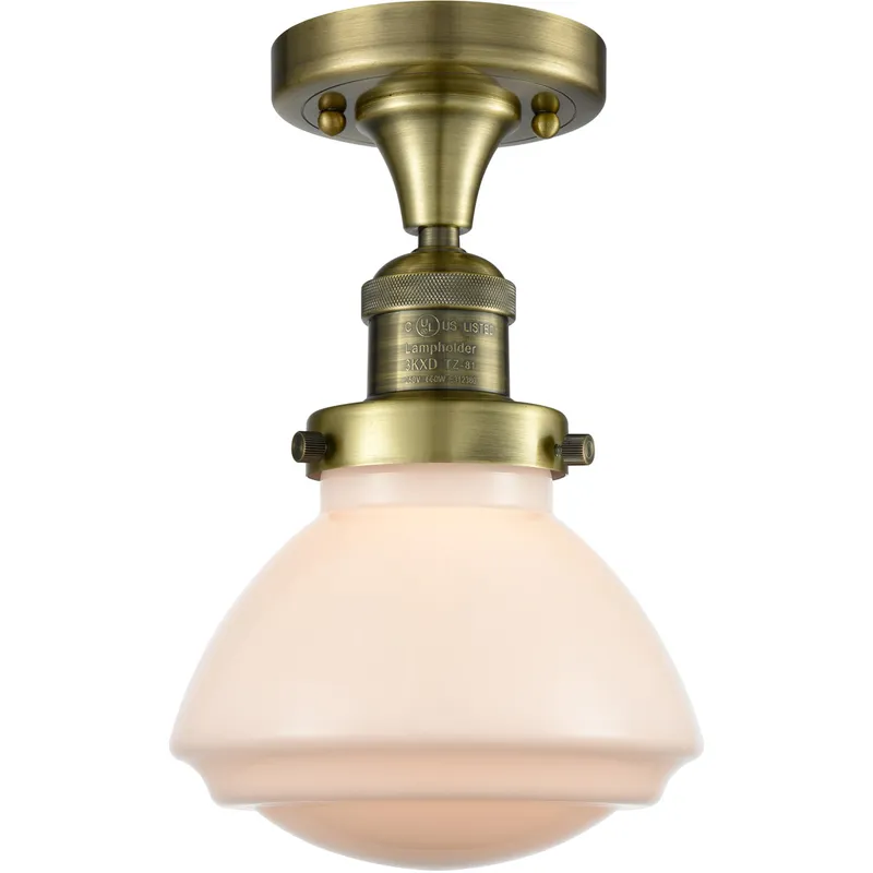 Franklin Restoration Olean 1 Light 7 inch Antique Brass Semi-Flush Mount Ceiling Light in Incandescent, Matte White Glass, Franklin Restoration