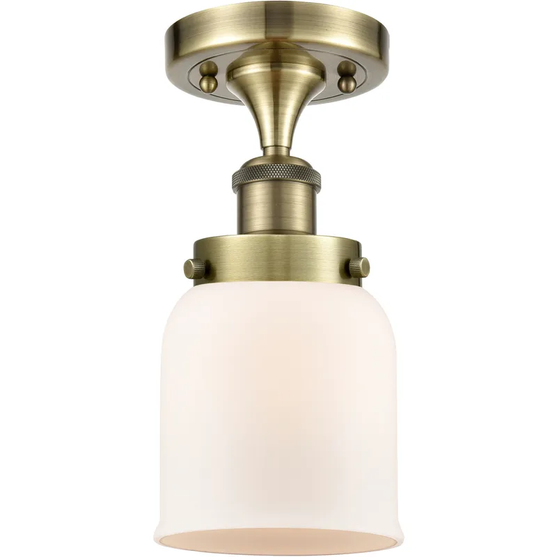 Bell 1 Light 5 inch Antique Brass Semi-Flush Mount Ceiling Light in Matte White Glass