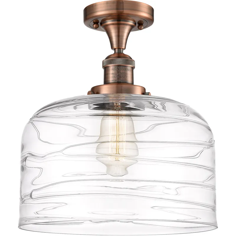 Franklin Restoration Bell LED 12 inch Antique Copper Semi-Flush Mount Ceiling Light in Clear Deco Swirl Glass