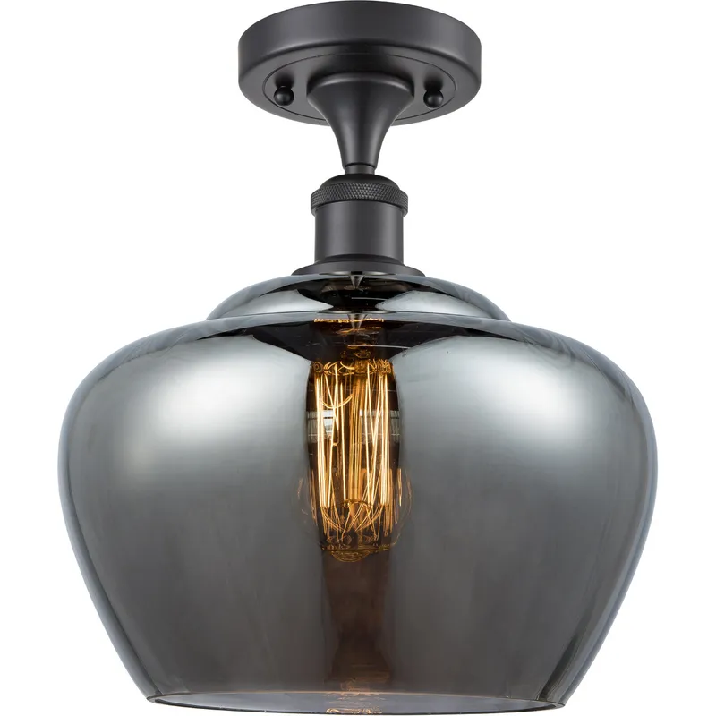 Ballston Large Fenton 1 Light 11 inch Matte Black Semi-Flush Mount Ceiling Light in Light Smoke Glass, Ballston