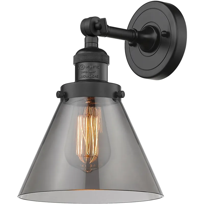 Franklin Restoration Large Cone 1 Light 7.75 inch Matte Black Semi-Flush Mount Ceiling Light in Light Smoke Glass, Franklin Restoration