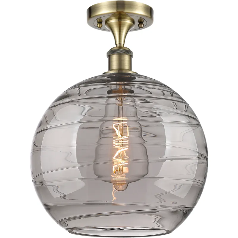 Edison Athens Deco Swirl 1 Light 12 inch Antique Brass Semi-Flush Mount Ceiling Light in Light Smoke Deco Swirl Glass