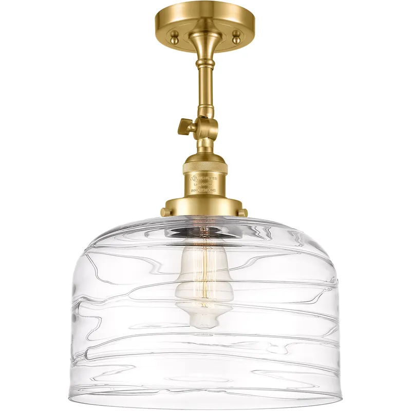 Franklin Restoration Bell LED 12 inch Satin Gold Semi-Flush Mount Ceiling Light in Clear Deco Swirl Glass