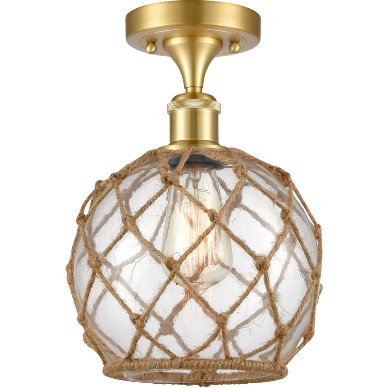 Ballston Farmhouse Rope LED 8 inch Satin Gold Semi-Flush Mount Ceiling Light in Clear Glass with Brown Rope, Ballston