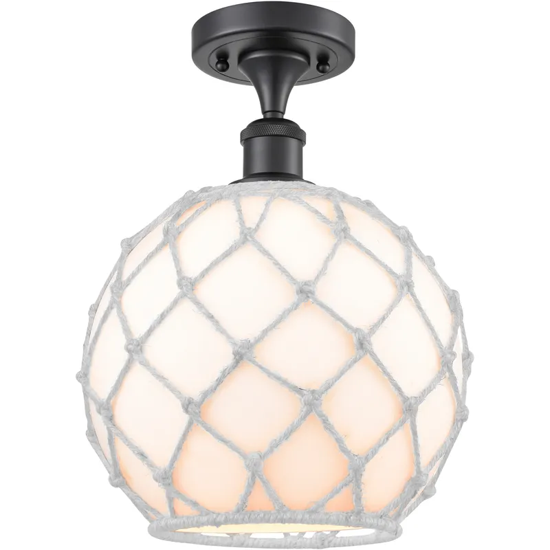 Edison Farmhouse Rope 1 Light 10 inch Matte Black Semi-Flush Mount Ceiling Light in White Glass with White Rope