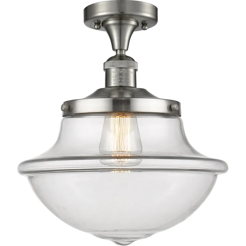 Franklin Restoration Large Oxford 1 Light 12 inch Brushed Satin Nickel Semi-Flush Mount Ceiling Light in Clear Glass, Franklin Restoration