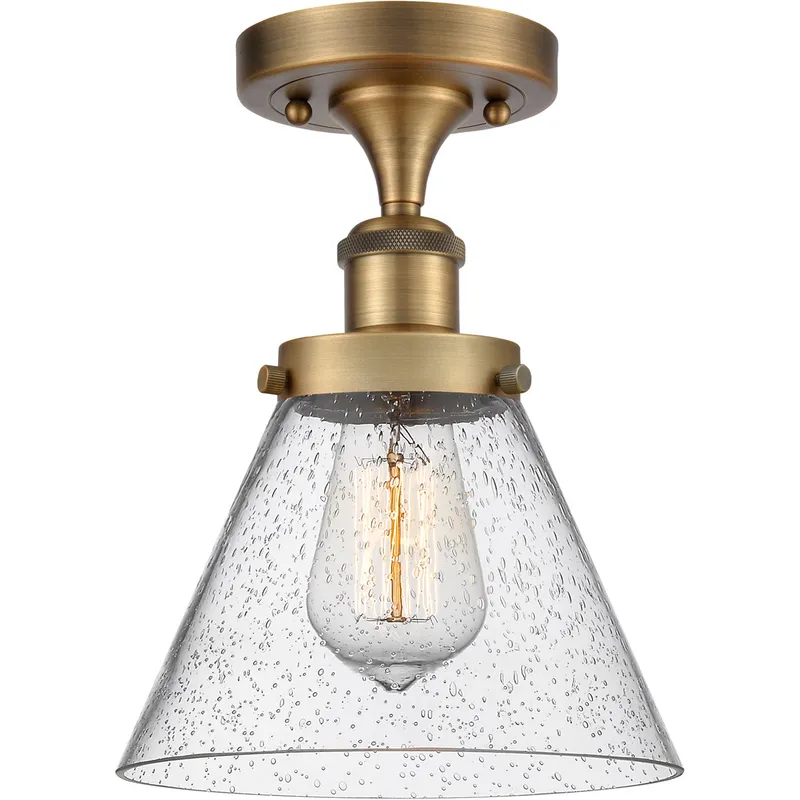 Ballston Large Cone LED 8 inch Brushed Brass Semi-Flush Mount Ceiling Light in Seedy Glass