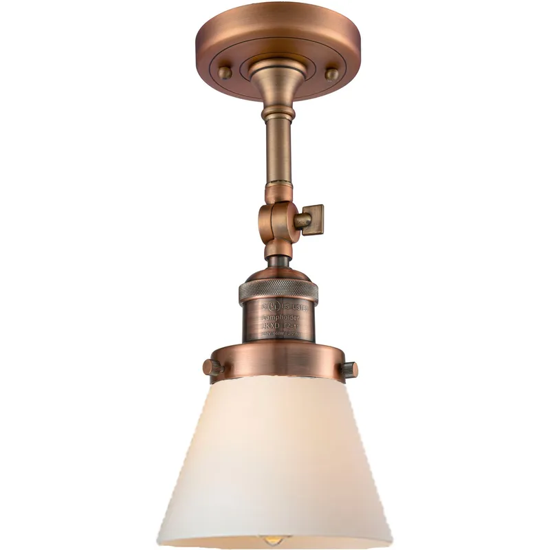 Franklin Restoration Small Cone 1 Light 6 inch Antique Copper Semi-Flush Mount Ceiling Light in Matte White Glass, Franklin Restoration