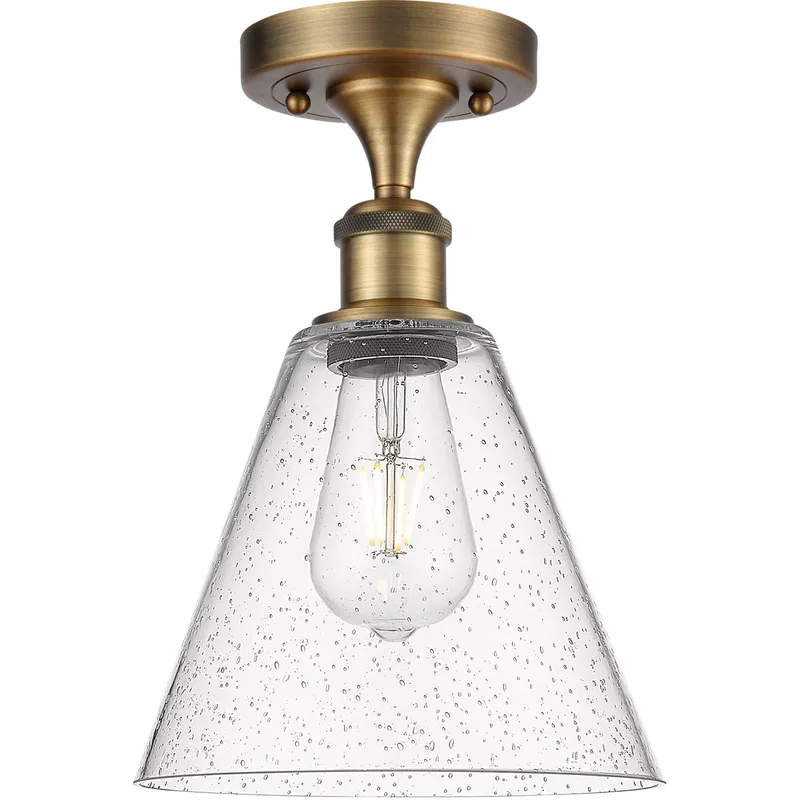 Ballston Cone 1 Light 8 inch Brushed Brass Semi-Flush Mount Ceiling Light in Seedy Glass