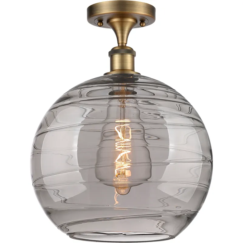Edison Athens Deco Swirl 1 Light 12 inch Brushed Brass Semi-Flush Mount Ceiling Light in Light Smoke Deco Swirl Glass