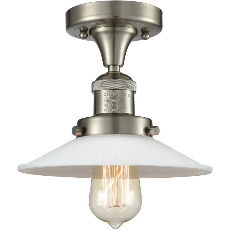Franklin Restoration Halophane 1 Light 9 inch Brushed Satin Nickel Semi-Flush Mount Ceiling Light in Matte White Halophane Glass, Franklin Restoration