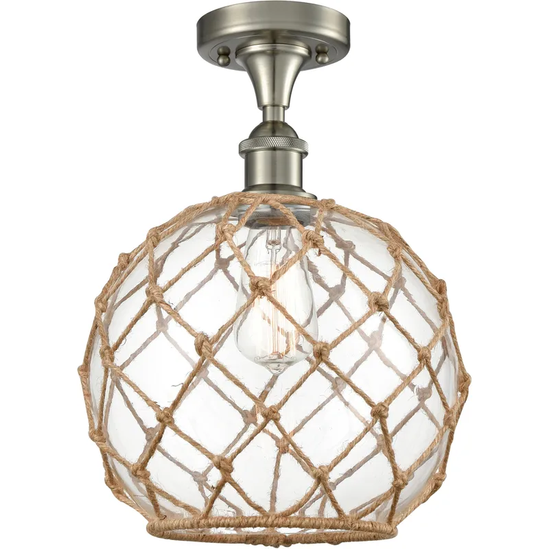Edison Farmhouse Rope 1 Light 10 inch Brushed Satin Nickel Semi-Flush Mount Ceiling Light in Clear Glass with Brown Rope