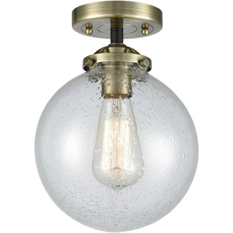 Nouveau Large Beacon LED 8 inch Black Antique Brass Semi-Flush Mount Ceiling Light in Seedy Glass, Nouveau