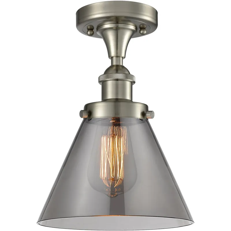 Ballston Large Cone LED 8 inch Brushed Satin Nickel Semi-Flush Mount Ceiling Light in Plated Smoke Glass, Ballston