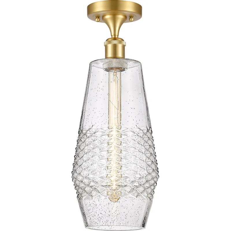 Ballston Windham LED 7 inch Satin Gold Semi-Flush Mount Ceiling Light in Seedy Glass