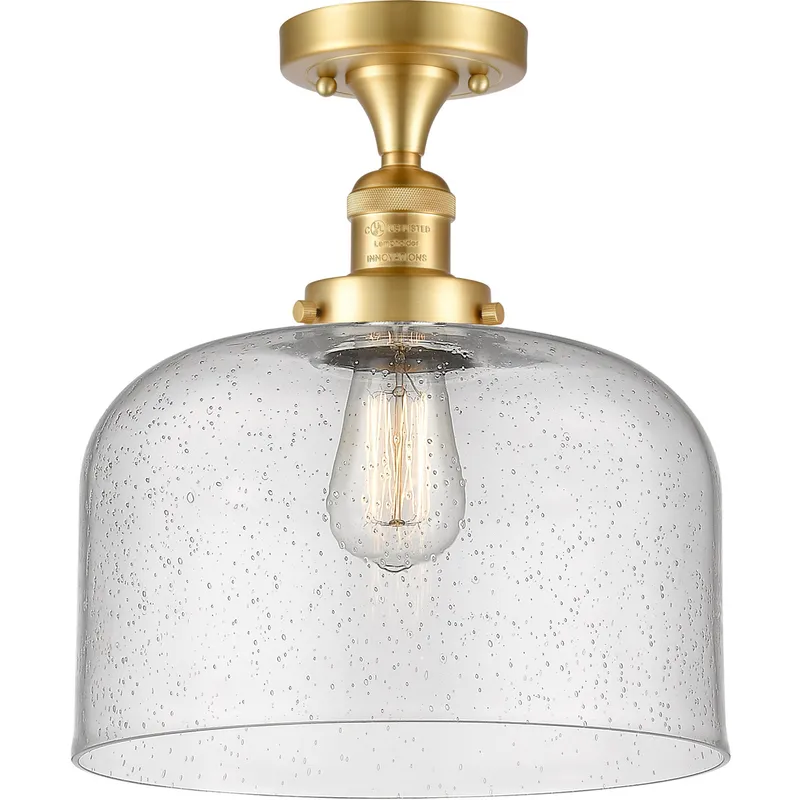 Franklin Restoration X-Large Bell LED 12 inch Satin Gold Semi-Flush Mount Ceiling Light in Seedy Glass, Franklin Restoration