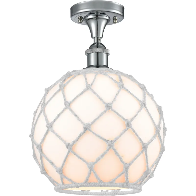 Edison Farmhouse Rope 1 Light 10 inch Polished Chrome Semi-Flush Mount Ceiling Light in White Glass with White Rope