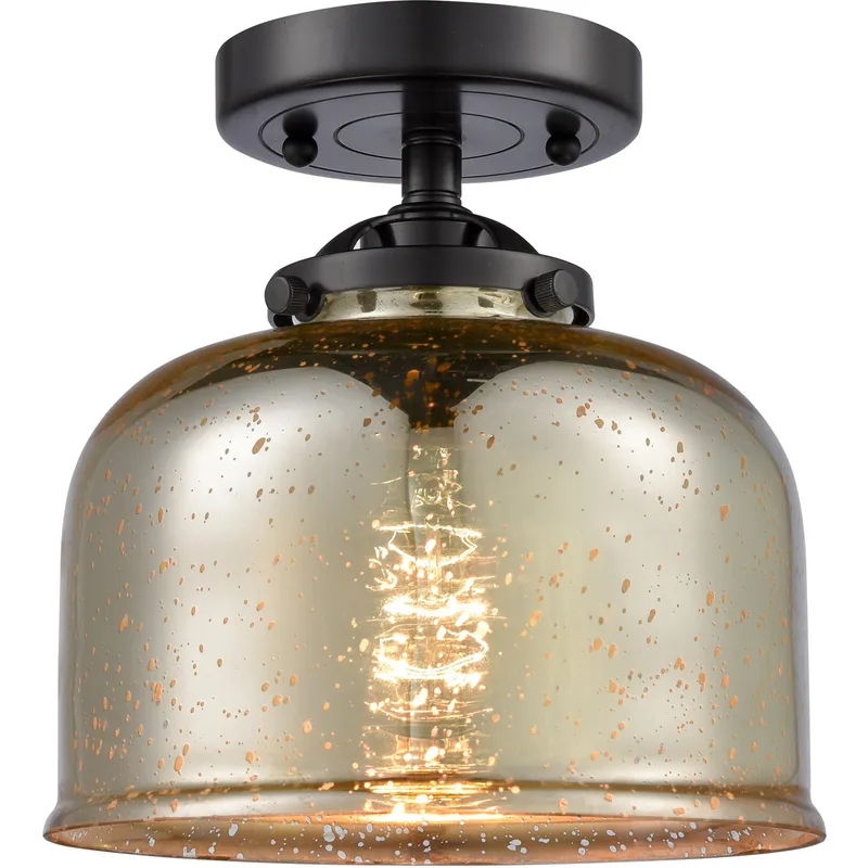 Nouveau Large Bell LED 8 inch Oil Rubbed Bronze Semi-Flush Mount Ceiling Light in Silver Plated Mercury Glass, Nouveau