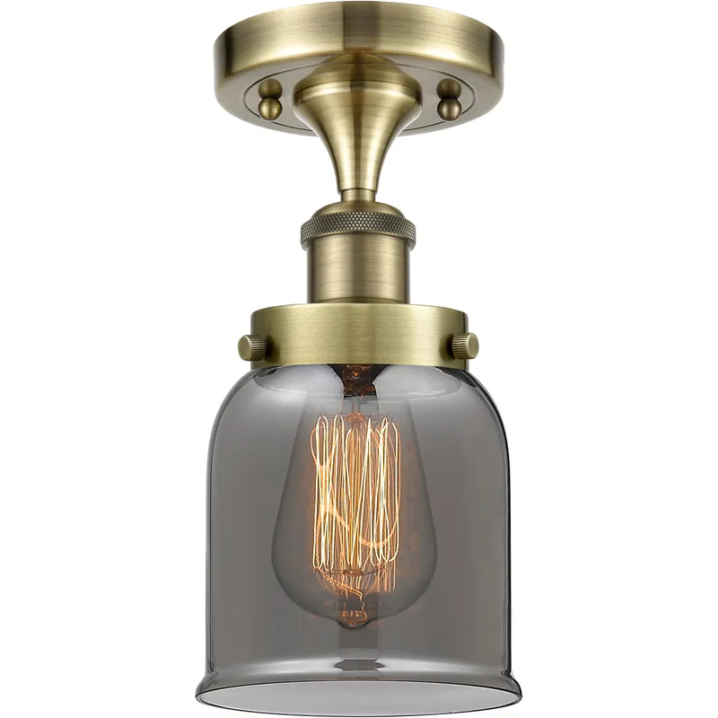 Bell 1 Light 5 inch Antique Brass Semi-Flush Mount Ceiling Light in Light Smoke Glass