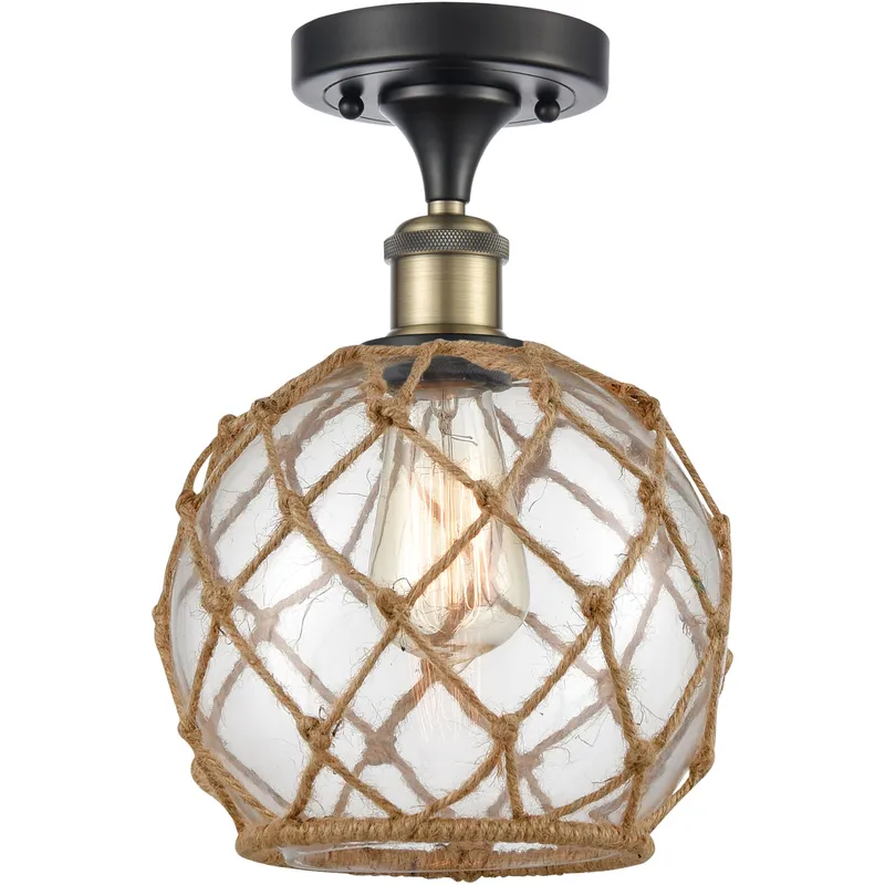 Ballston Farmhouse Rope LED 8 inch Black Antique Brass Semi-Flush Mount Ceiling Light in Clear Glass with Brown Rope, Ballston