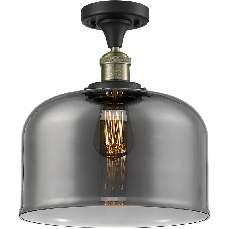 Franklin Restoration X-Large Bell LED 12 inch Black Antique Brass Semi-Flush Mount Ceiling Light in Plated Smoke Glass, Franklin Restoration