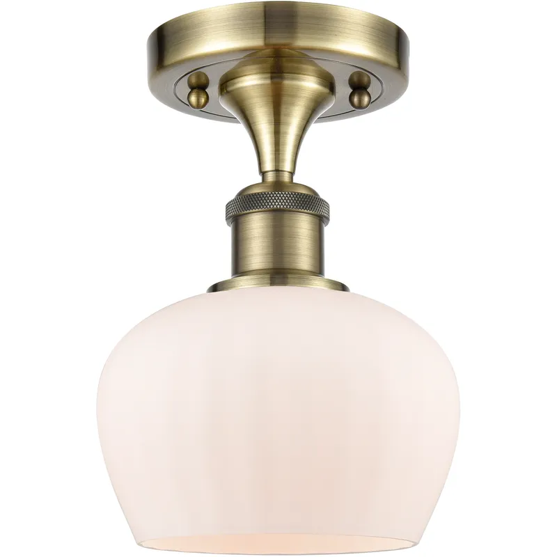 Fenton 1 Light 6.5 inch Antique Brass Semi-Flush Mount Ceiling Light in Matte White Glass