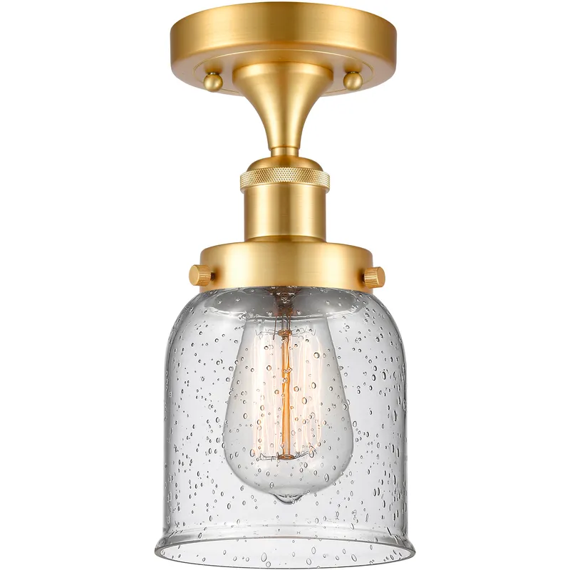 Bell 1 Light 5 inch Satin Gold Semi-Flush Mount Ceiling Light in Seedy Glass