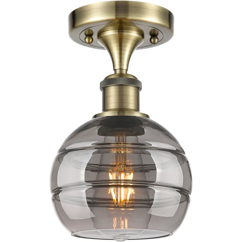 Edison Rochester 1 Light 5.88 inch Antique Brass Semi-Flush Mount Ceiling Light in Light Smoke Glass
