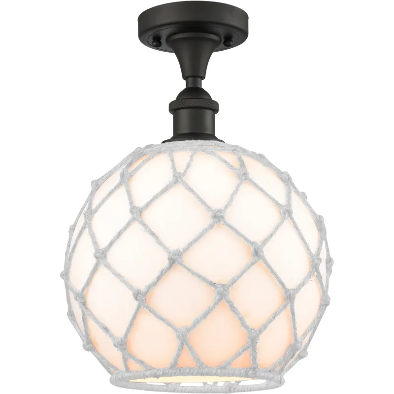 Edison Farmhouse Rope 1 Light 10 inch Oil Rubbed Bronze Semi-Flush Mount Ceiling Light in White Glass with White Rope