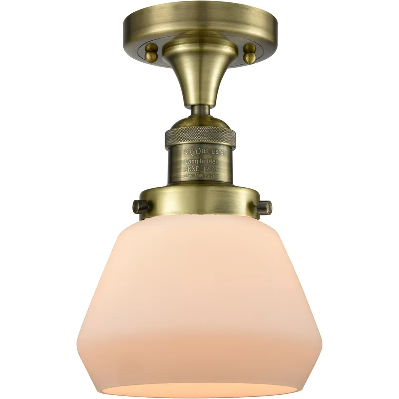 Franklin Restoration Fulton LED 6.75 inch Antique Brass Semi-Flush Mount Ceiling Light in Matte White Glass, Franklin Restoration