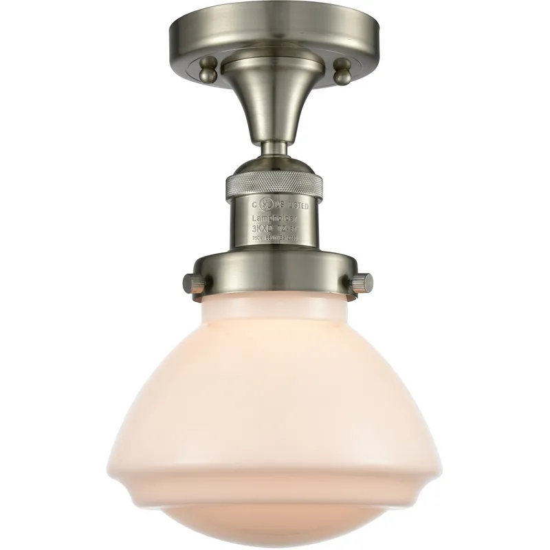 Franklin Restoration Olean 1 Light 7 inch Brushed Satin Nickel Semi-Flush Mount Ceiling Light in Matte White Glass, Franklin Restoration