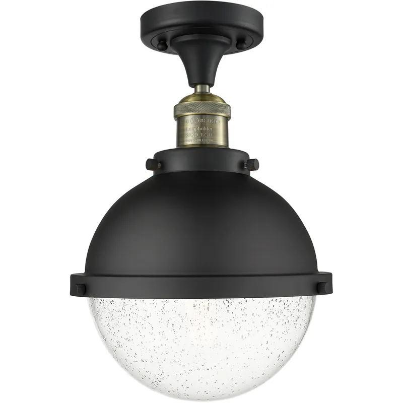 Franklin Restoration Hampden LED 9 inch Black Antique Brass Semi-Flush Mount Ceiling Light in Seedy Glass