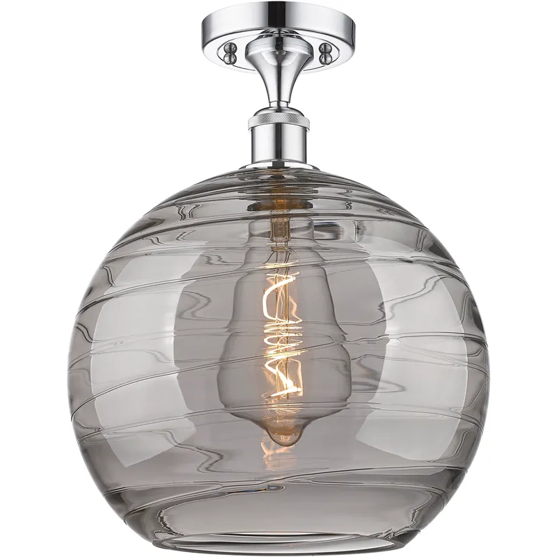 Edison Athens Deco Swirl 1 Light 12 inch Polished Chrome Semi-Flush Mount Ceiling Light in Light Smoke Deco Swirl Glass