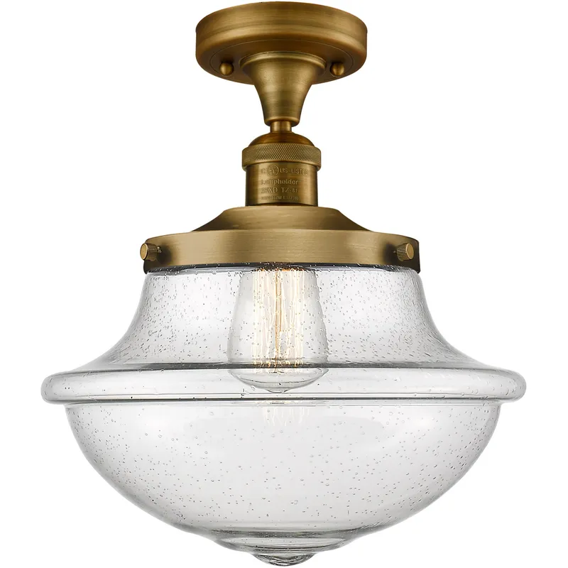 Franklin Restoration Large Oxford 1 Light 12 inch Brushed Brass Semi-Flush Mount Ceiling Light in Seedy Glass, Franklin Restoration