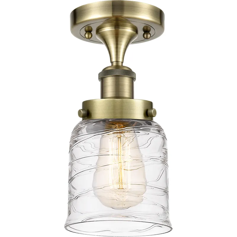 Bell 1 Light 5 inch Antique Brass Semi-Flush Mount Ceiling Light in Clear Deco Swirl Glass