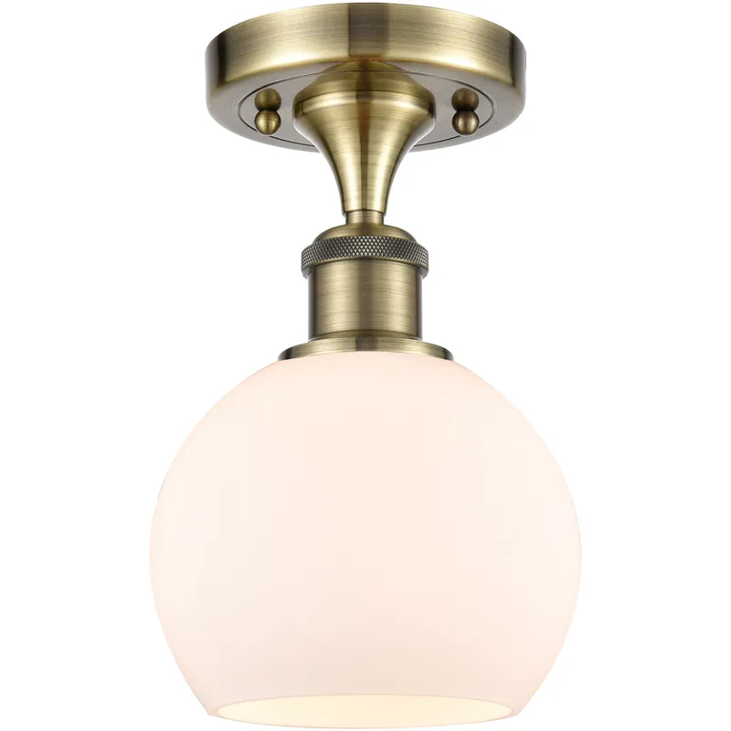 Ballston Athens LED 6 inch Antique Brass Semi-Flush Mount Ceiling Light in Matte White Glass