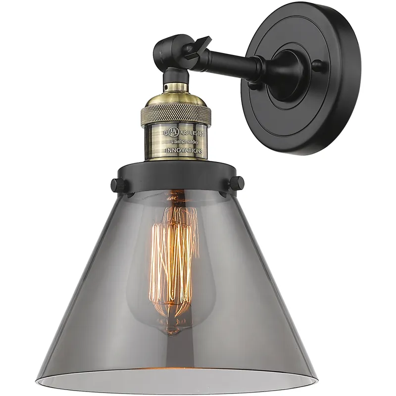 Franklin Restoration Large Cone 1 Light 7.75 inch Black Antique Brass Semi-Flush Mount Ceiling Light in Light Smoke Glass, Franklin Restoration