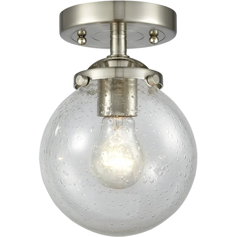 Nouveau Beacon LED 6 inch Brushed Satin Nickel Semi-Flush Mount Ceiling Light in Seedy Glass, Nouveau