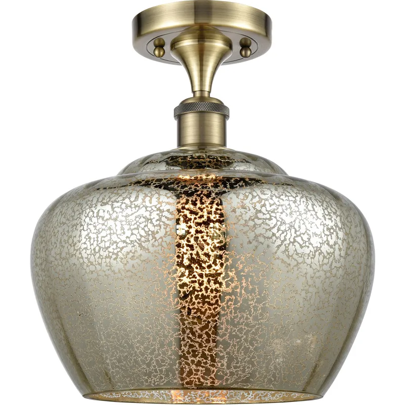 Ballston Large Fenton LED 11 inch Antique Brass Semi-Flush Mount Ceiling Light in Mercury Glass, Ballston