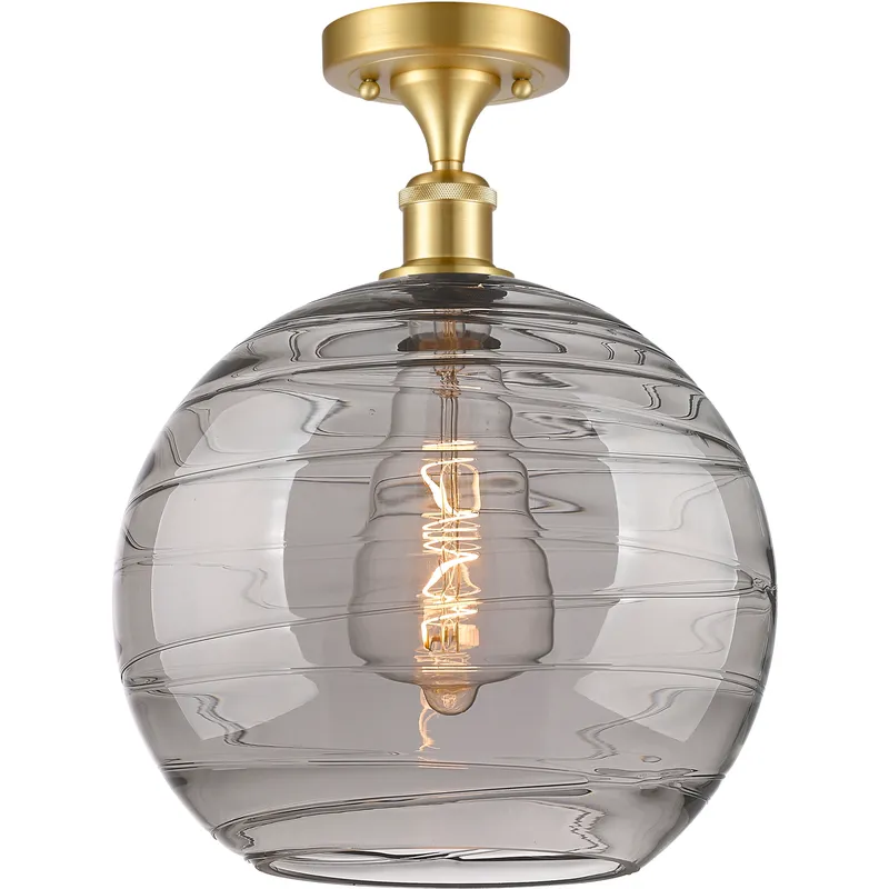 Edison Athens Deco Swirl 1 Light 12 inch Satin Gold Semi-Flush Mount Ceiling Light in Light Smoke Deco Swirl Glass