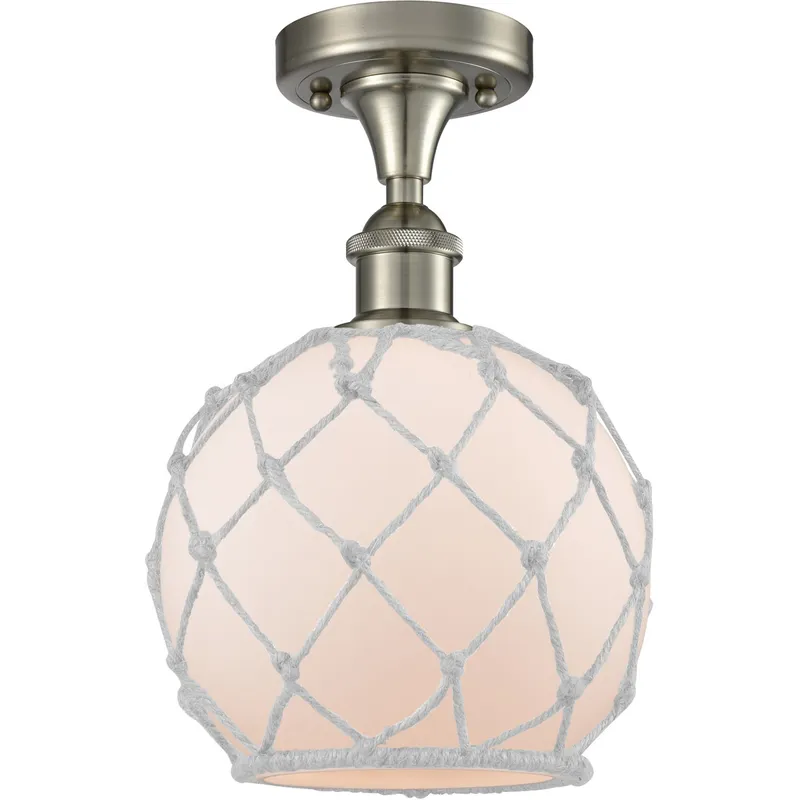 Ballston Farmhouse Rope LED 8 inch Brushed Satin Nickel Semi-Flush Mount Ceiling Light in White Glass with White Rope, Ballston
